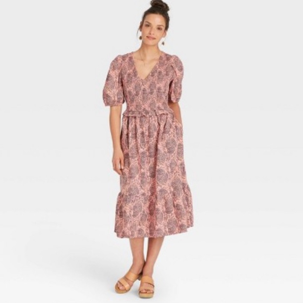 Universal Thread™ Puff Short Sleeve Smocked Dress in Pink Floral